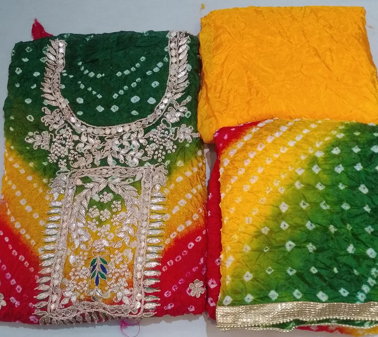 Bandhej Cotton Gota Patti Unsititched Suit. With Kundan Work