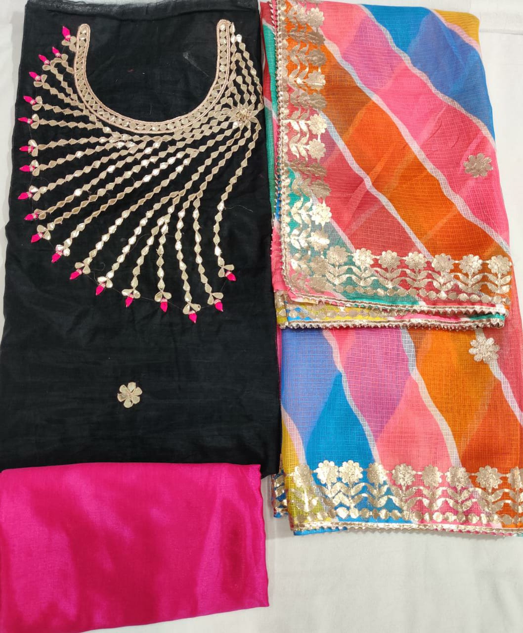 Pure Chanderi Hand Gota Patti Suit With Pure Bandhej Banarasi Silk Dupatta