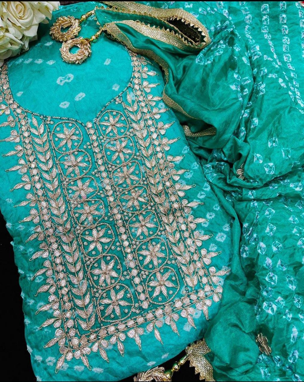 Bandhej Cotton Gota Patti Unsititched Suit. With Kundan Work