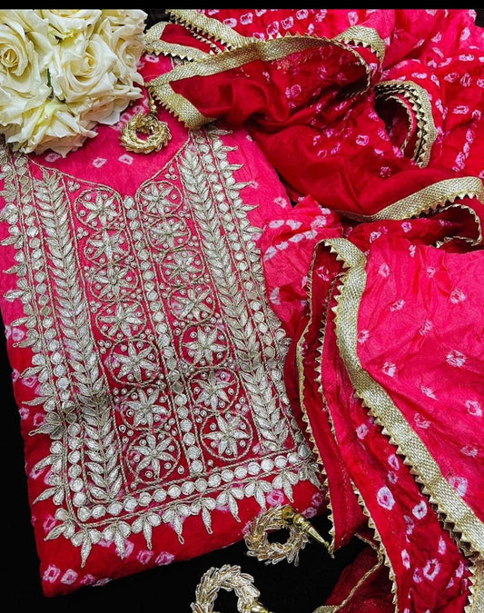 Bandhej Cotton Gota Patti Unsititched Suit. With Kundan Work