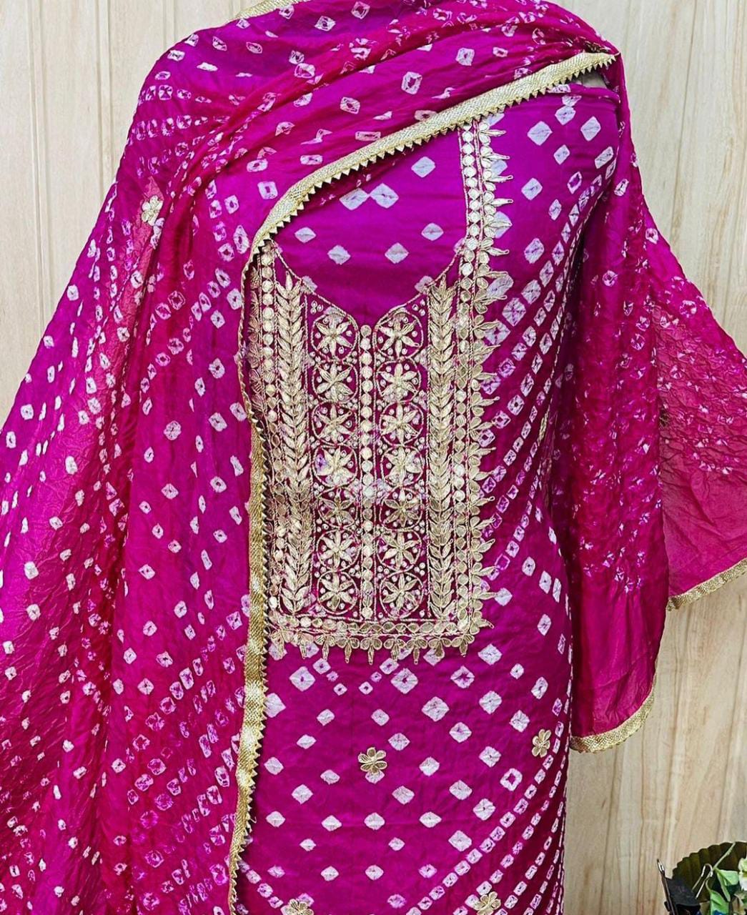 Bandhej Cotton Gota Patti Unsititched Suit. With Kundan Work