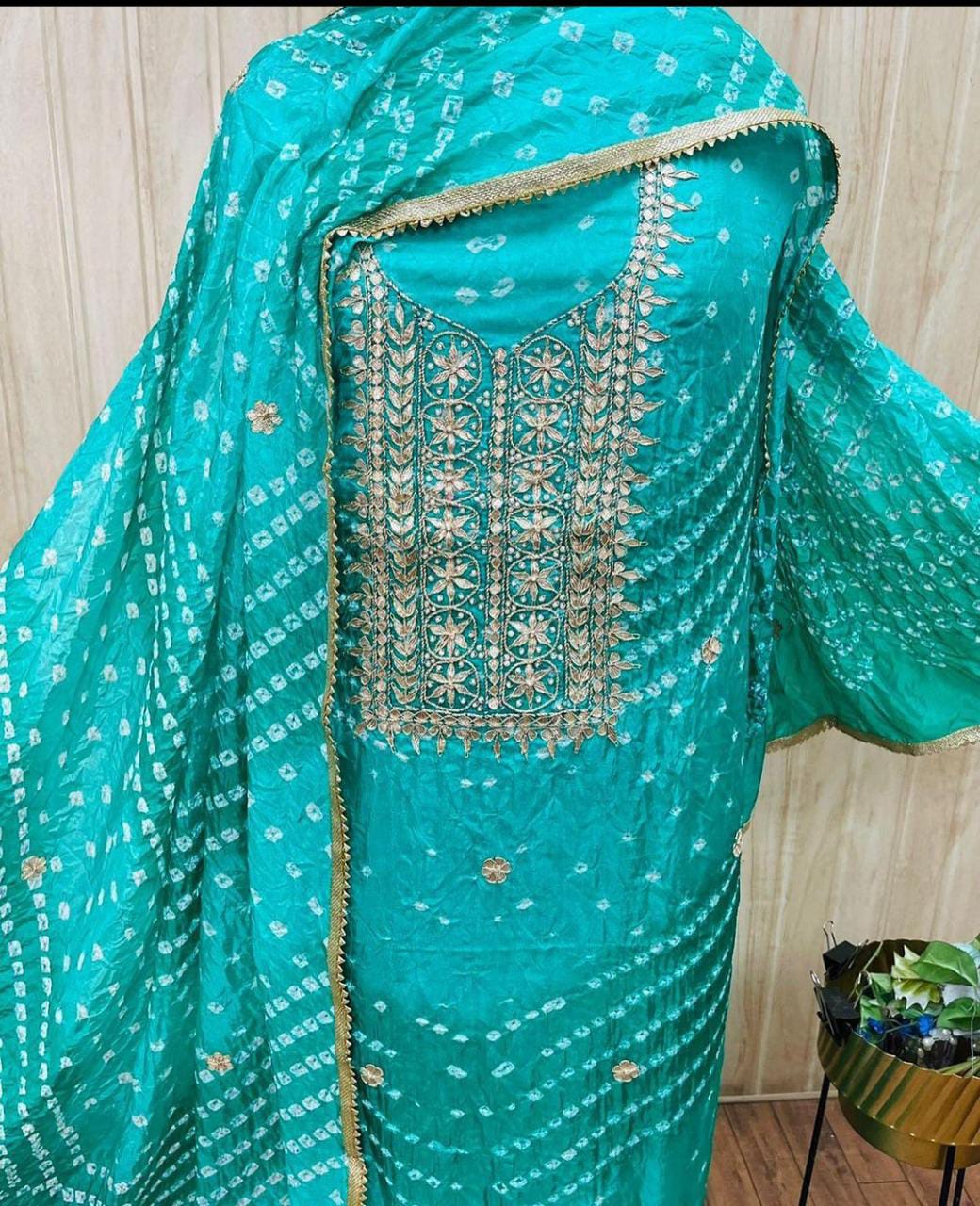 Bandhej Cotton Gota Patti Unsititched Suit. With Kundan Work