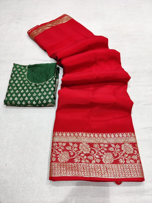 Pure Russian Dola Silk beautiful All over Zari Boder chit Pallu Weaving Saree