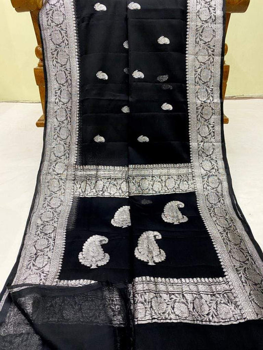 Pure Handloom Khaddi Chiffon Georgette Saree With Silver Zari Weaving Blouse  ( length- 6.3 meter )