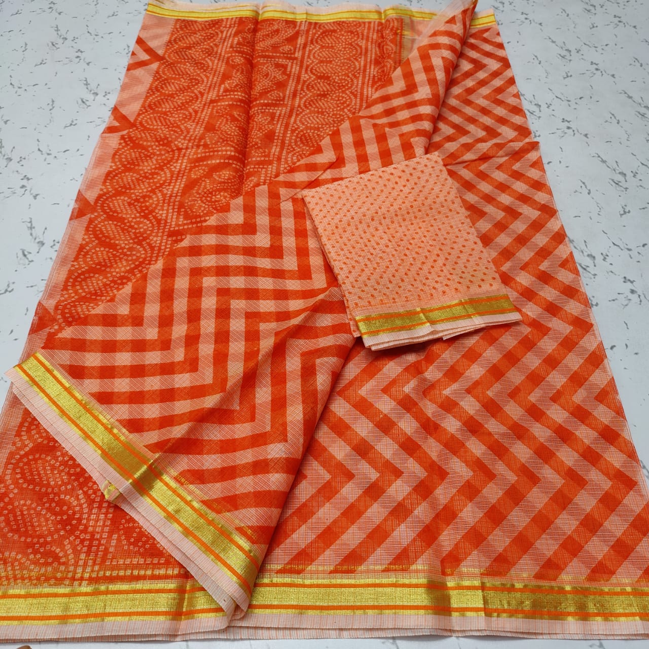 Pure Cotton Kota Doriya Block Printed Saree With Blouse