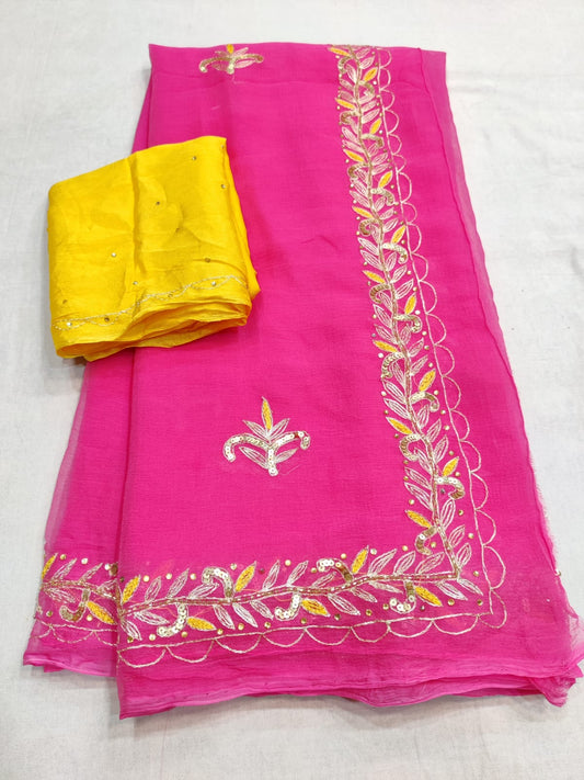 Pure Dimond Chiffon Rajputi ksb Work Saree With Contrast Work Blouse