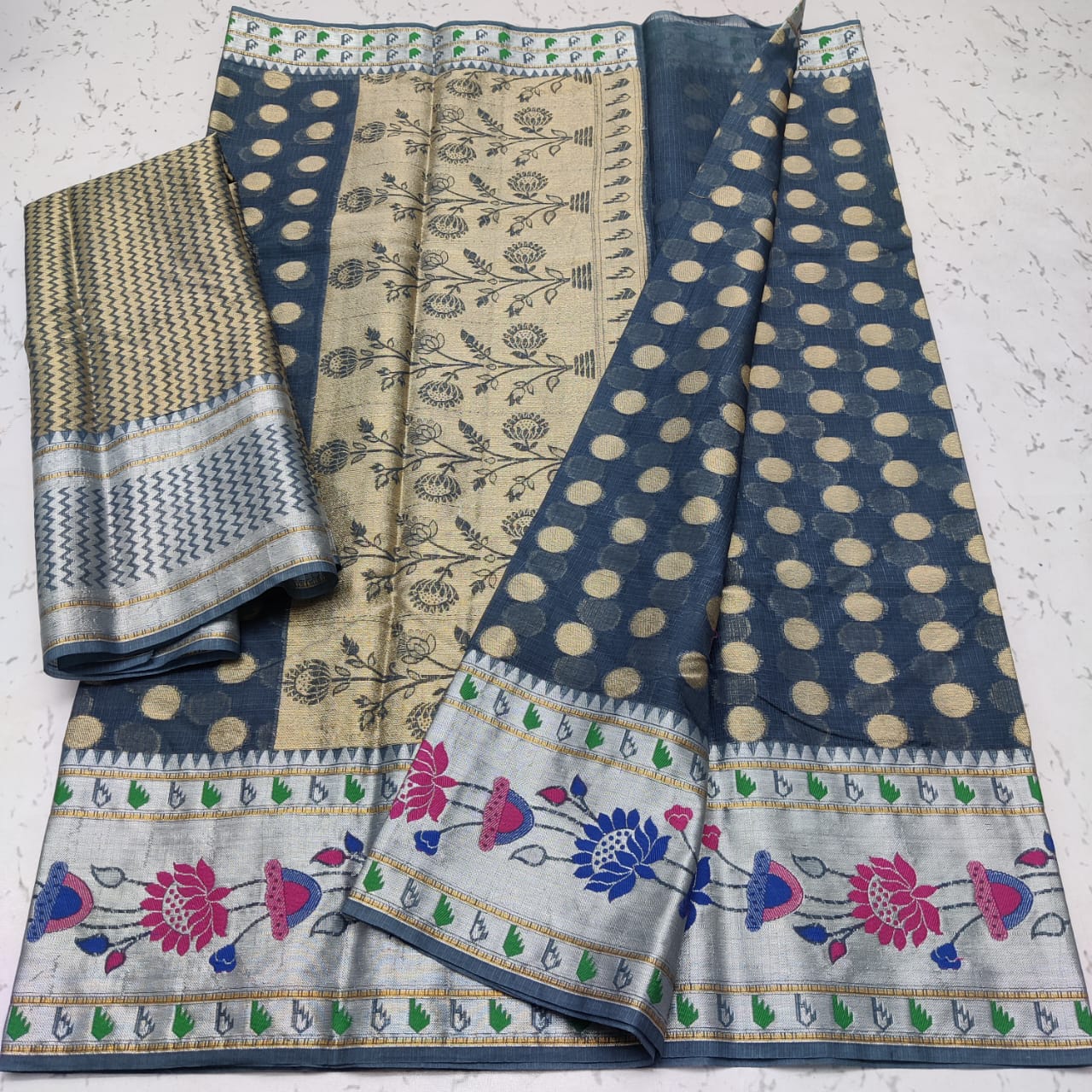 Kota Doriya Silk By Cotton Weaving  Saree With Blouse