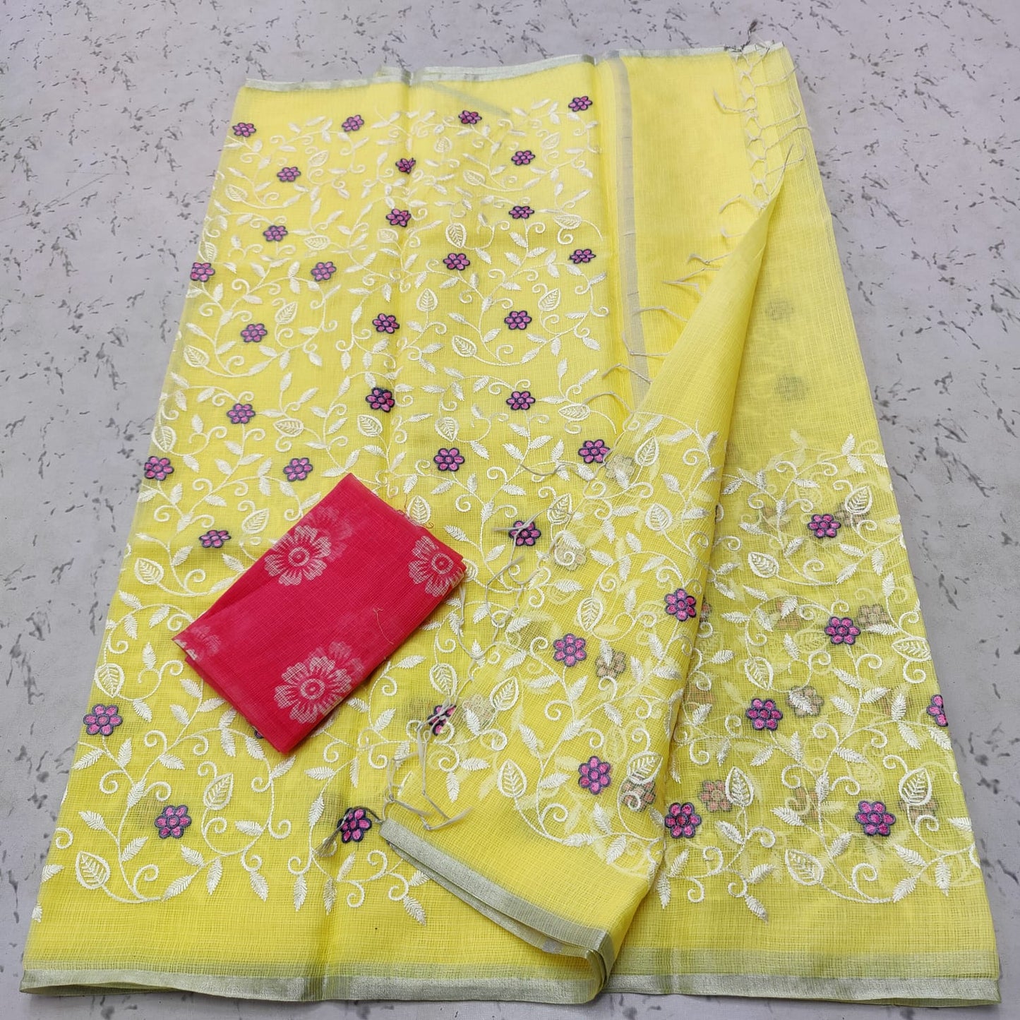 Pure Kota Doria Embroidery Work Saree With Blouse