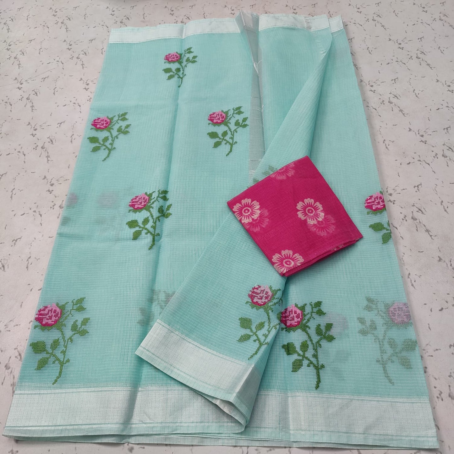 Pure Cotton Kota Doriya Embroidery Work Saree With Contrast Blouse