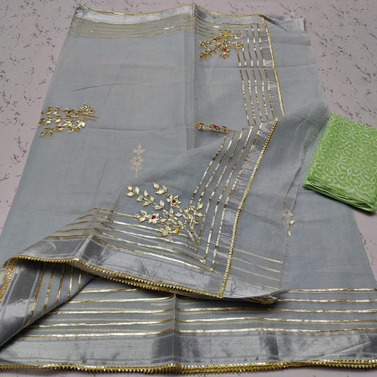 Pure Cotton Kota Doriya Gota Patti Work Saree With Blouse