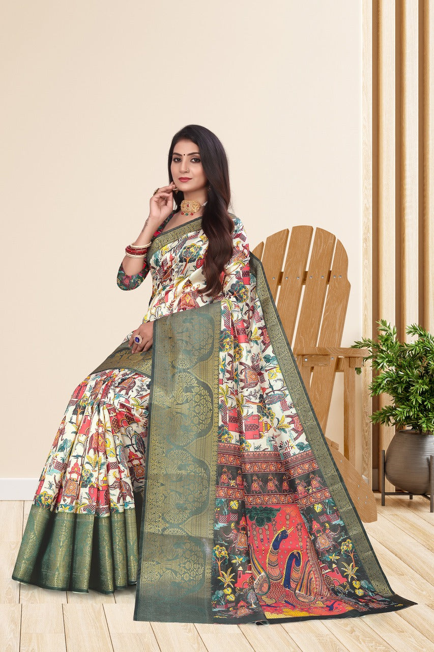 Soft Silk Kalamkari Handpicked Print Designe Party Wear Saree