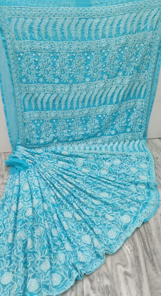 Pure Chiffon Georgette Full Jaal Chikankari Saree With Heavy Hand Work Embroidery WIth Blouse