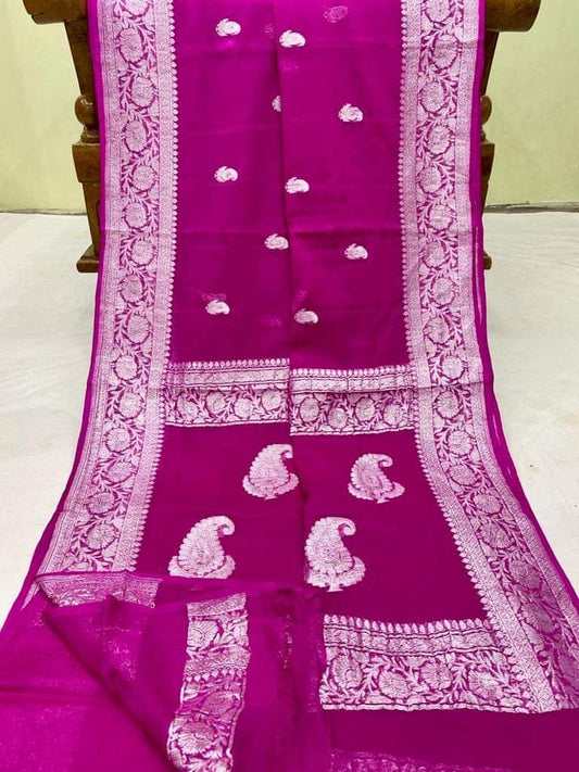 Pure Handloom Khaddi Chiffon Georgette Saree With Silver Zari Weaving Blouse  ( length- 6.3 meter )