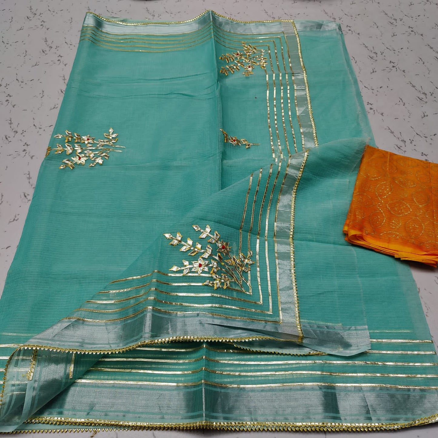 Pure Cotton Kota Doriya Gota Patti Work Saree With Blouse