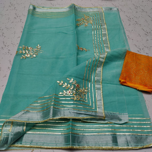 Pure Cotton Kota Doriya Gota Patti Work Saree With Blouse