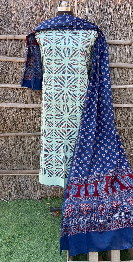 Pure Cotton Azrak Hand Work Unstitched Suits With Azrak Dupatta( Without Bottom)