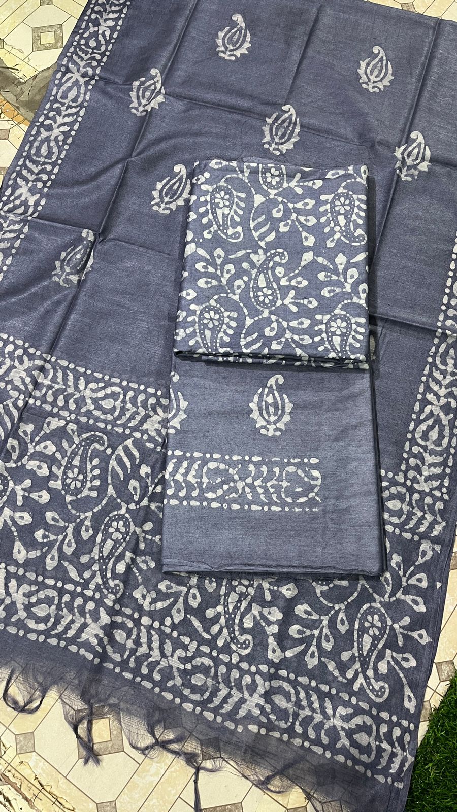 Katan Silk Batik Printed Unstitched Suit With Dupatta