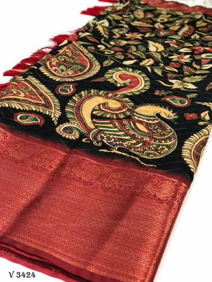 Banarasi Silk Kalamkari Block Print Designe Party Wear Saree