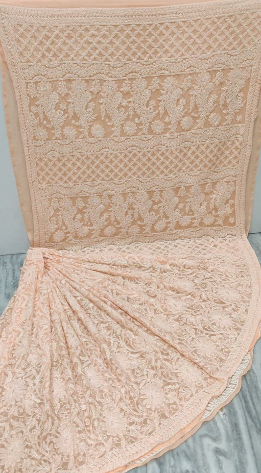 Pure Chiffon Georgette Full Jaal Chikankari Saree With Heavy Hand Work Embroidery WIth Blouse