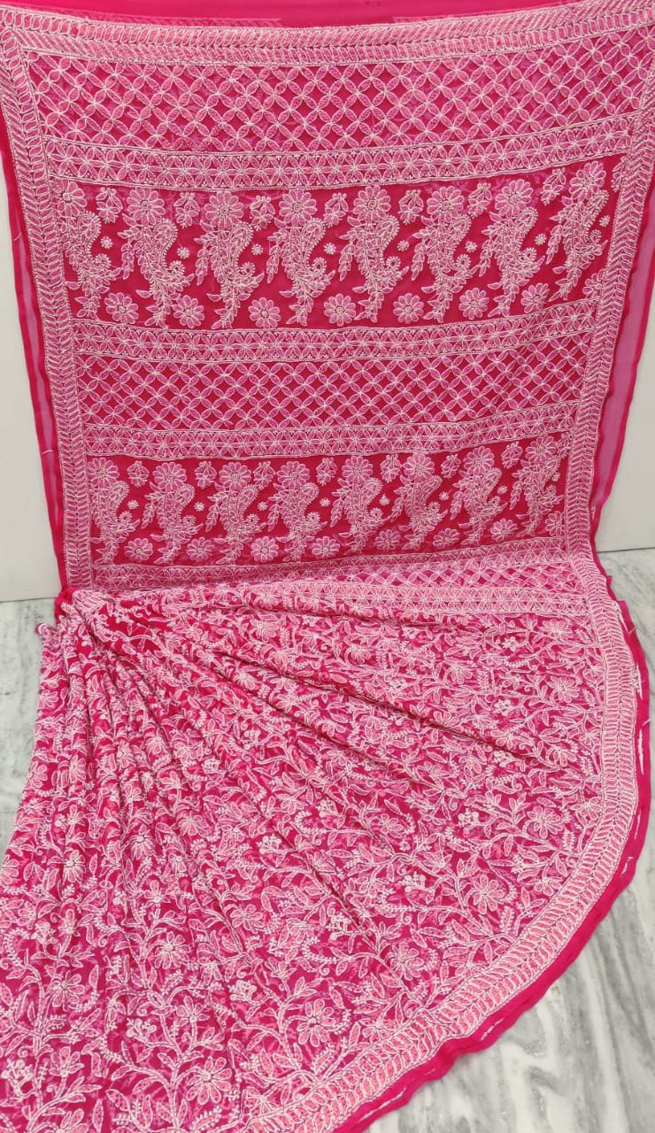 Pure Chiffon Georgette Full Jaal Chikankari Saree With Heavy Hand Work Embroidery WIth Blouse