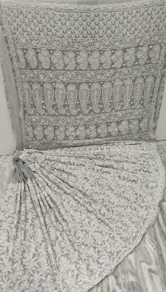 Pure Chiffon Georgette Full Jaal Chikankari Saree With Heavy Hand Work Embroidery WIth Blouse