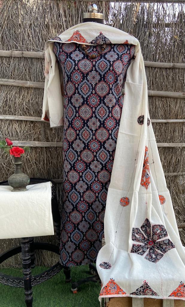 Pure Cotton Ajrakh Printed Unstitched Suits With Patach & Mirror work Dupatta