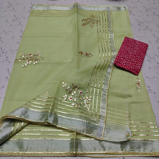 Pure Cotton Kota Doriya Gota Patti Work Saree With Blouse