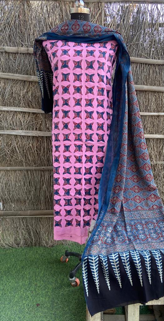 Pure Cotton Azrak Hand Work Unstitched Suits With Azrak Dupatta( Without Bottom)