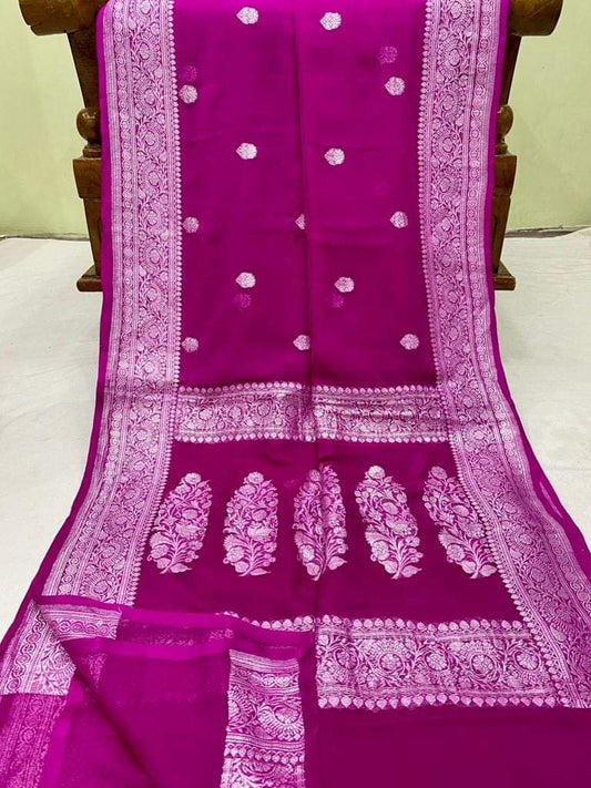 Pure Handloom Khaddi Chiffon Georgette Saree With Silver Zari Weaving Blouse  ( length- 6.3 meter )