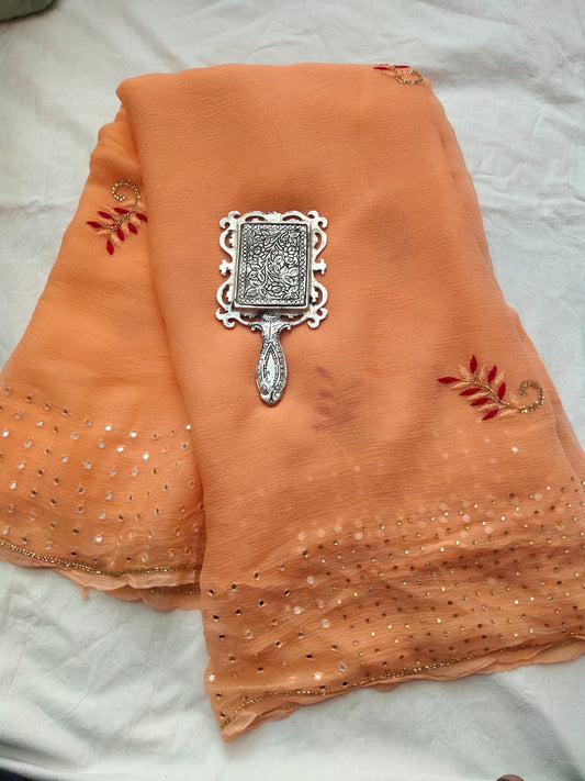 Pure Chiffon Hand Work Saree With Running Blouse