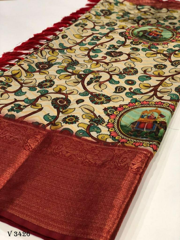 Banarasi Silk Kalamkari Block Print Designe Party Wear Saree