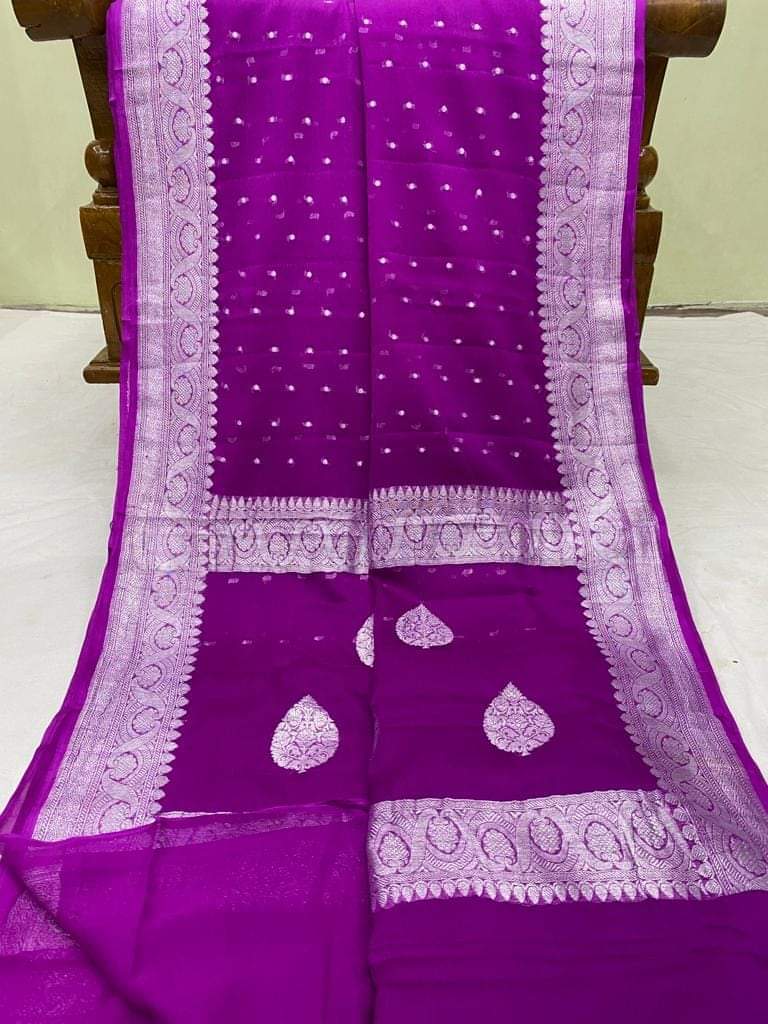 Pure Handloom Khaddi Chiffon Georgette Saree With Silver Zari Weaving Blouse  ( length- 6.3 meter )