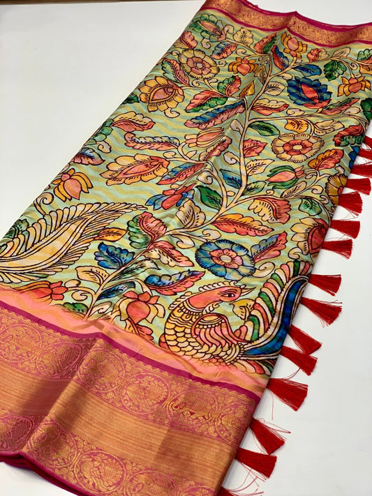 Banarasi Silk Kalamkari Block Print Designe Party Wear Saree